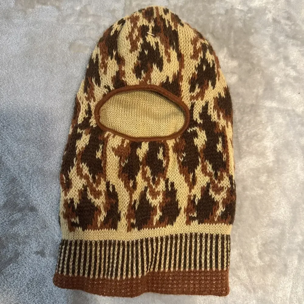 Vintage 70's-80's Knit Balaclava Hood Double Lined Reversible Brown Tan